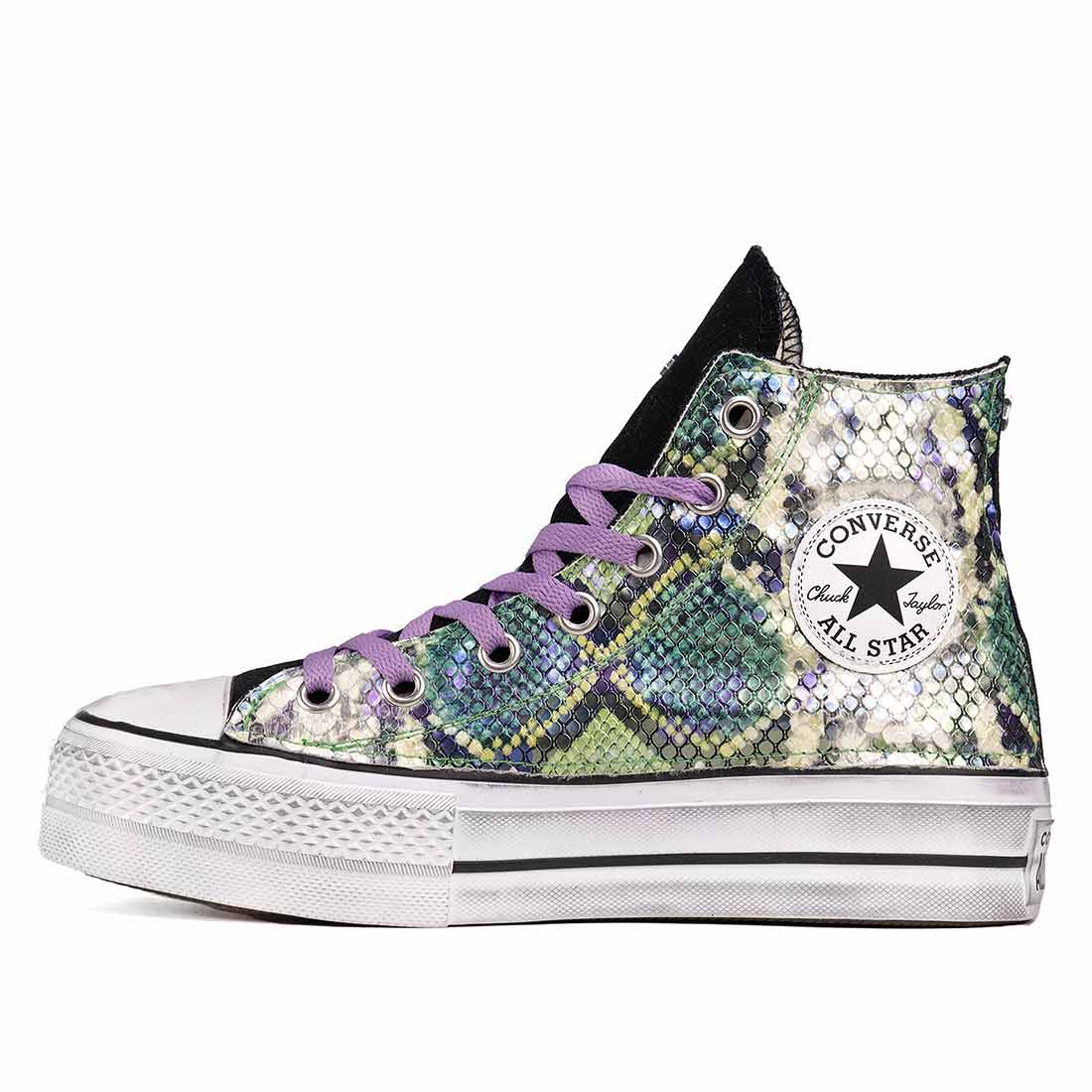 Converse all star verde e viola con lacci lilla