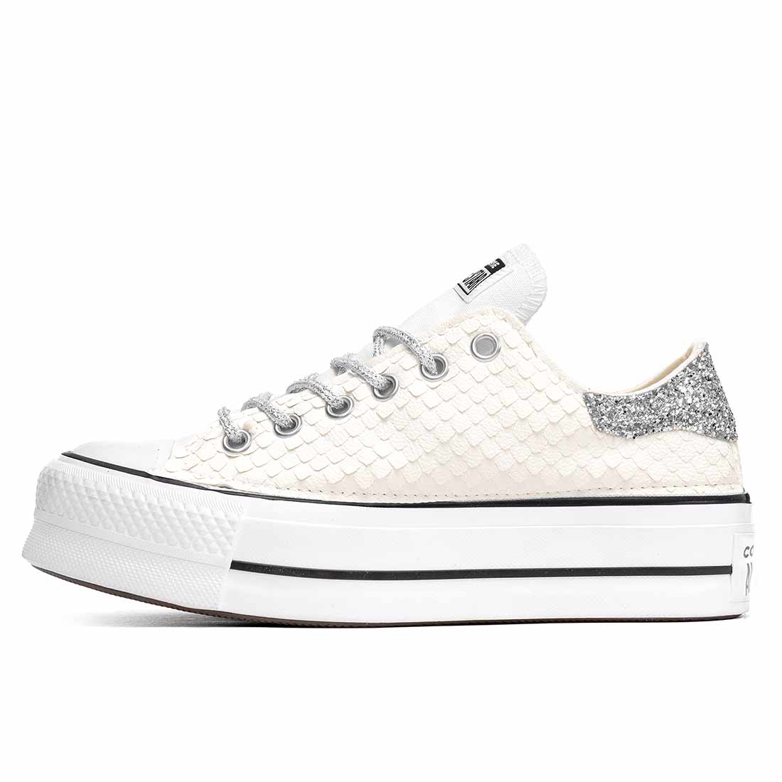 all star basse suola alta bianche con pitone e glitter