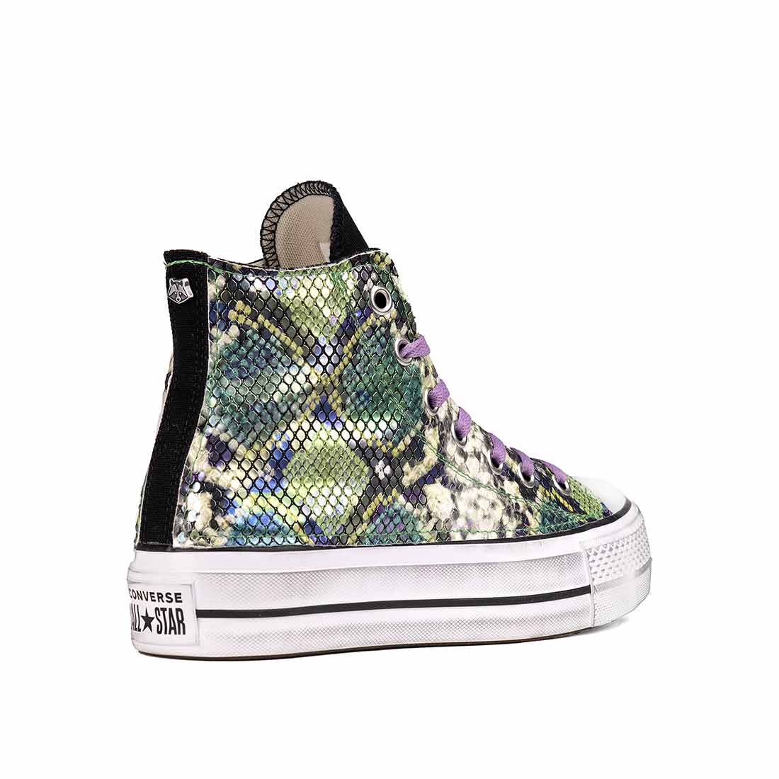 Converse pitonate olografiche viola e verde con lacci viola