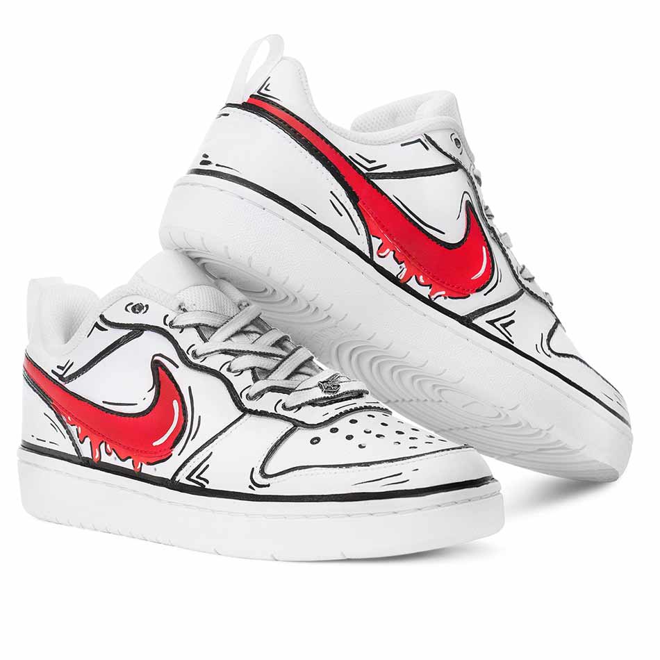 Nike bianche con effetto cartone animato rosso ed effetto gocce che scendono