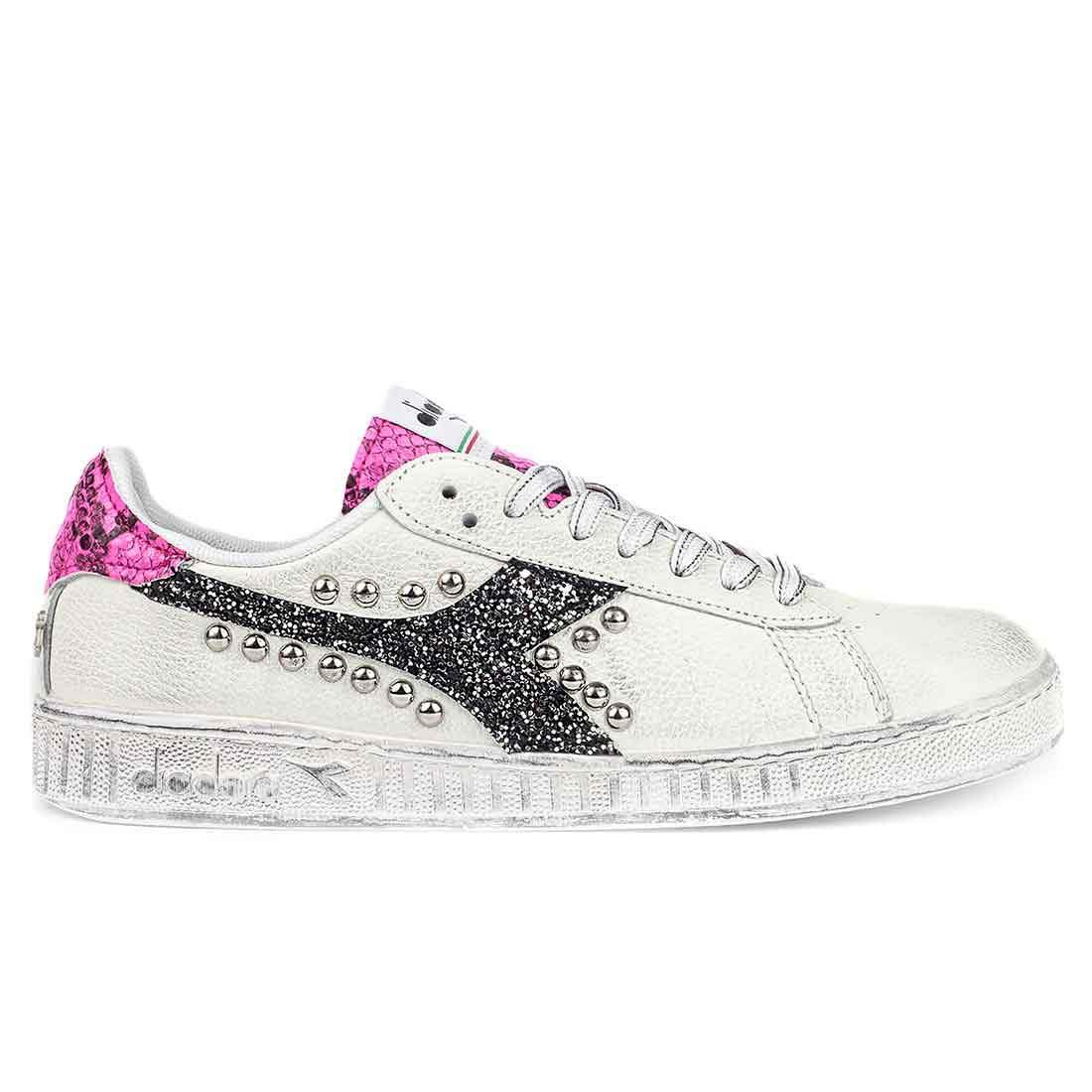 Diadora Game Low Pitonate Rosa Fluo - Glitter Nero con Borchie - Outlet