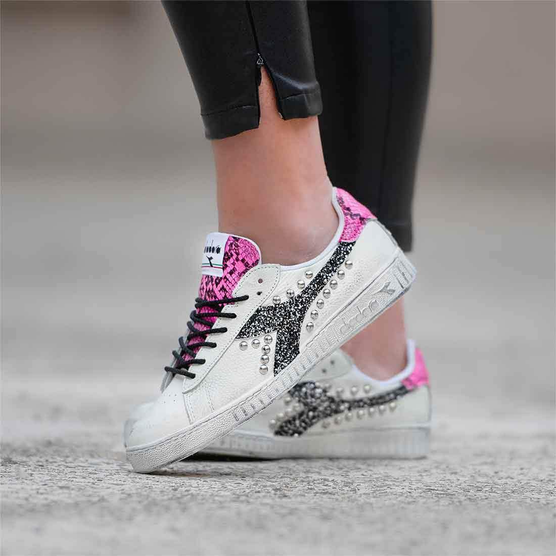 Diadora Game Low Pitonate Rosa Fluo - Glitter Nero con Borchie - Outlet