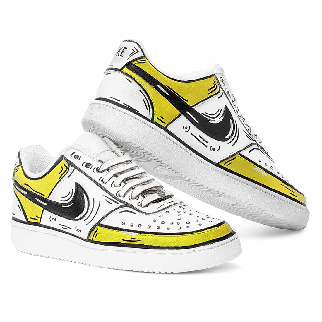 Nike court vision effetto fumetto disegnate a mano colore giallo bianco e nero