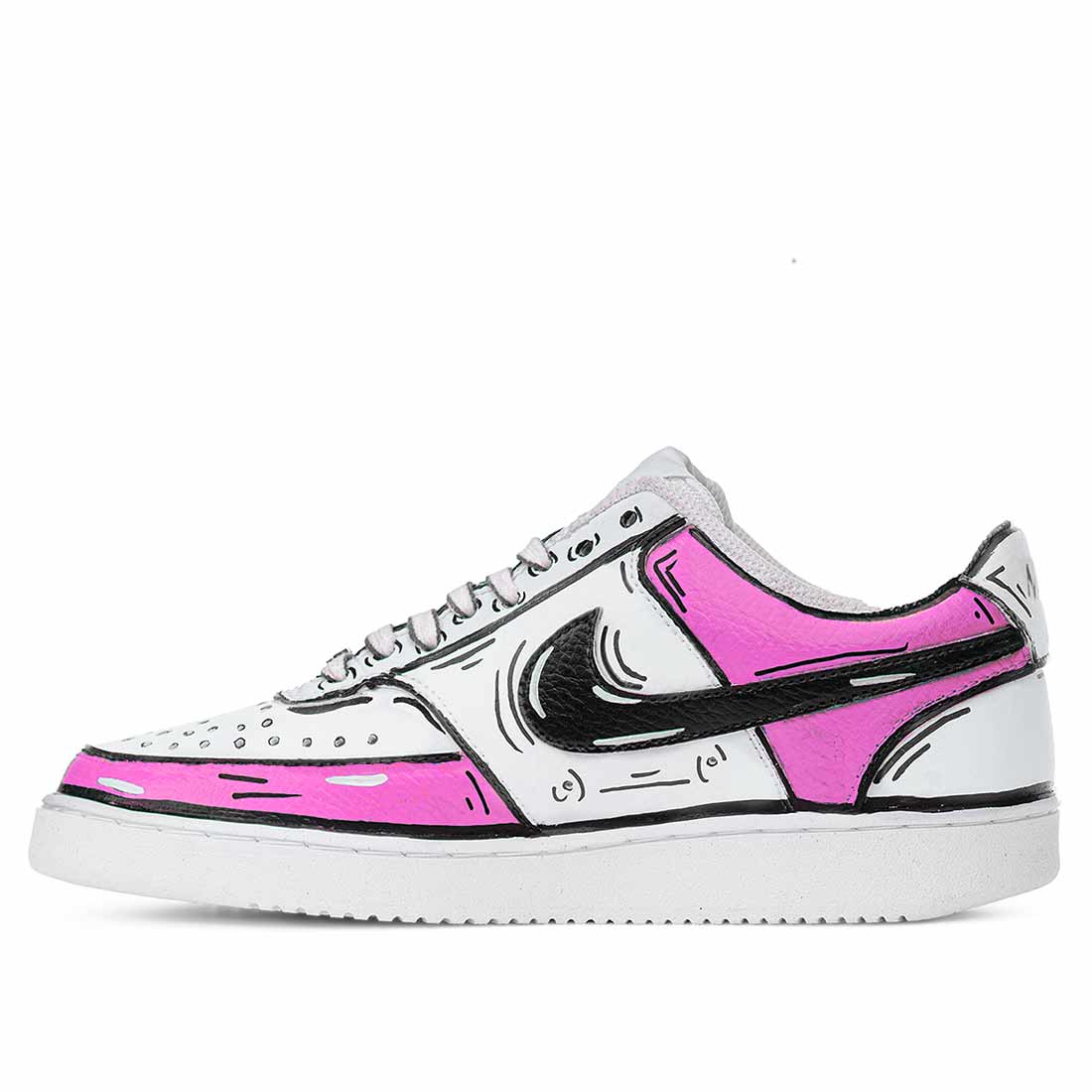 Scarpe da ginnastica Nike bianche effetto fumetto rosa disegnate 