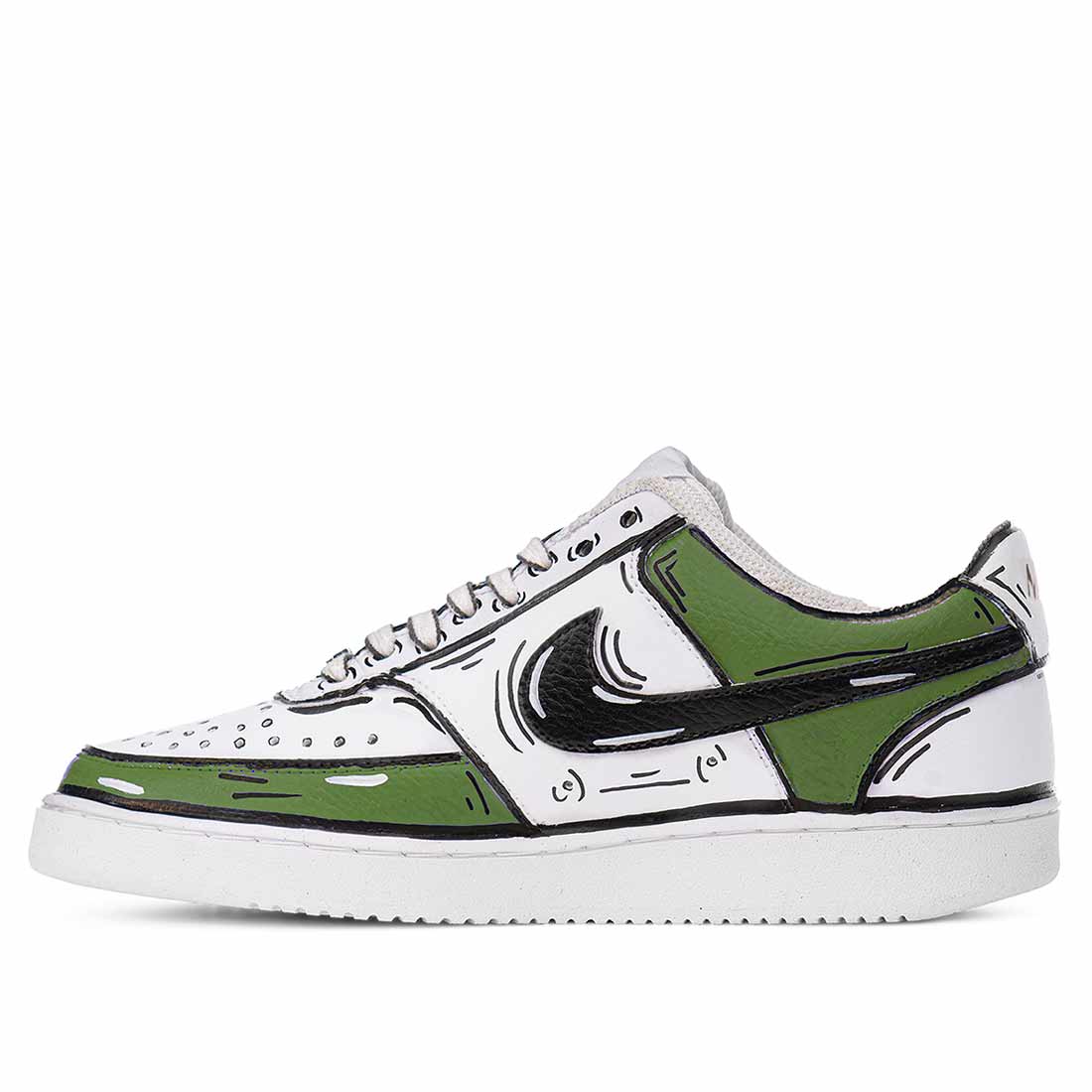 Scarpe Nike court vision verde oliva e bianche disegnate a mano in stile cartone animato