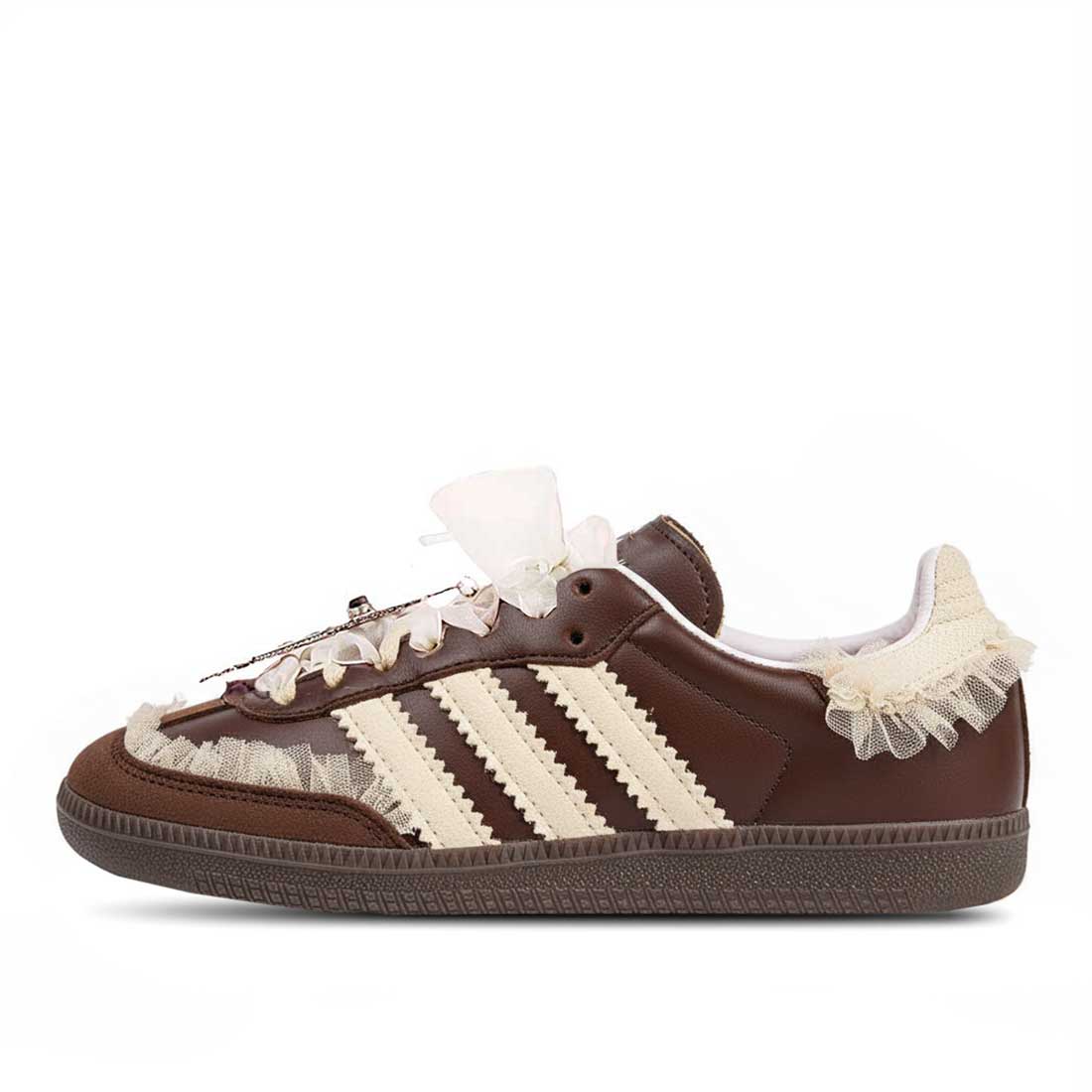 samba marrone con tulle beige e suede