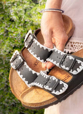 sandali Birkenstock Arizona neri ricamo uncinetto cotone bianco