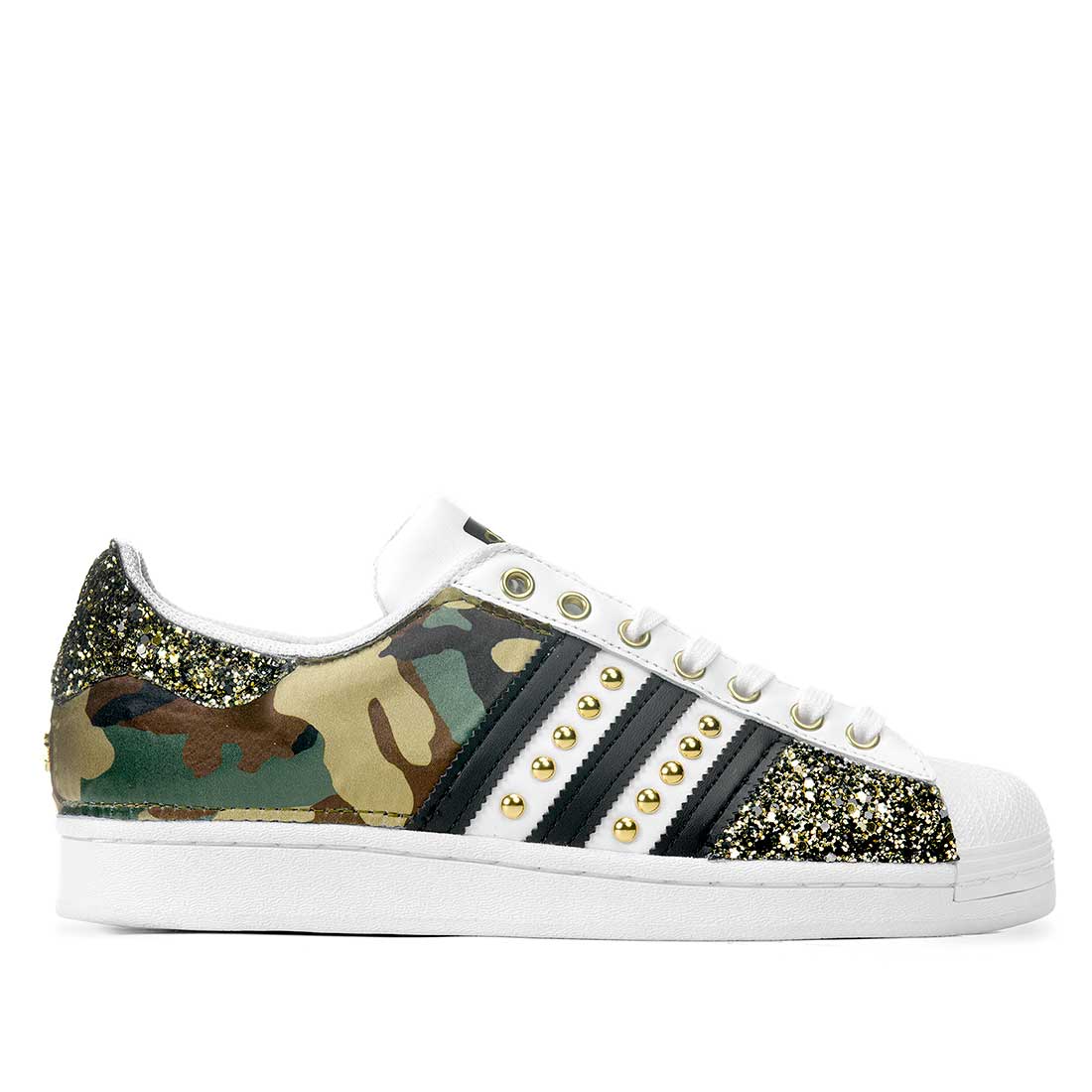scarpe adidas superstar con borchie oro tessuto camouflage e glitter nero
