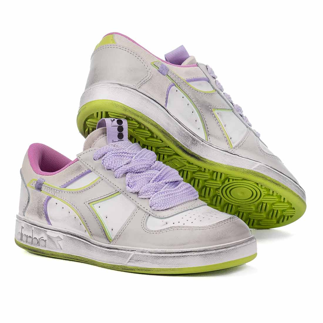 Scarpe diadora verdi rosa con lacci lilla