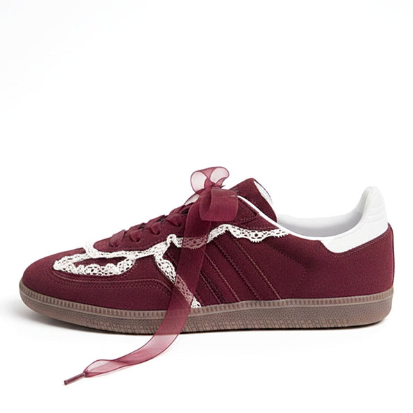 scarpe samba bordeaux con lacci in raso burgundy e pizzo bianco 