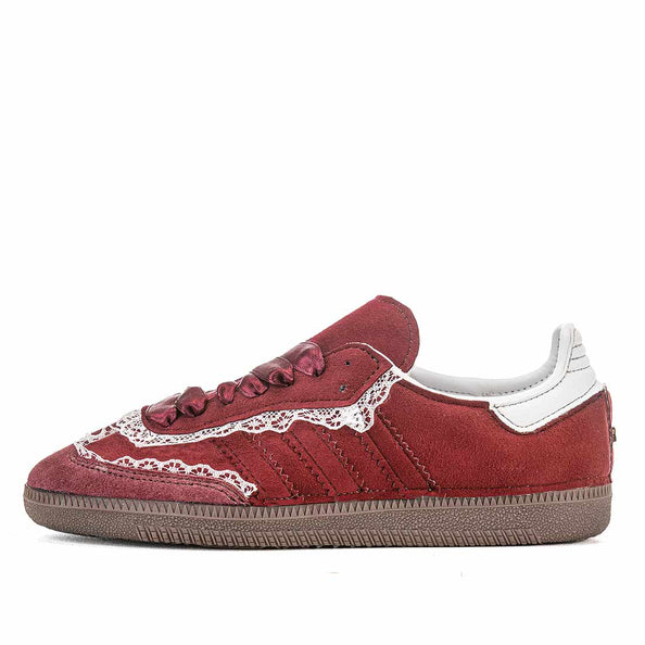 scarpe samba bordeaux con lacci in raso burgundy e pizzo bianco 