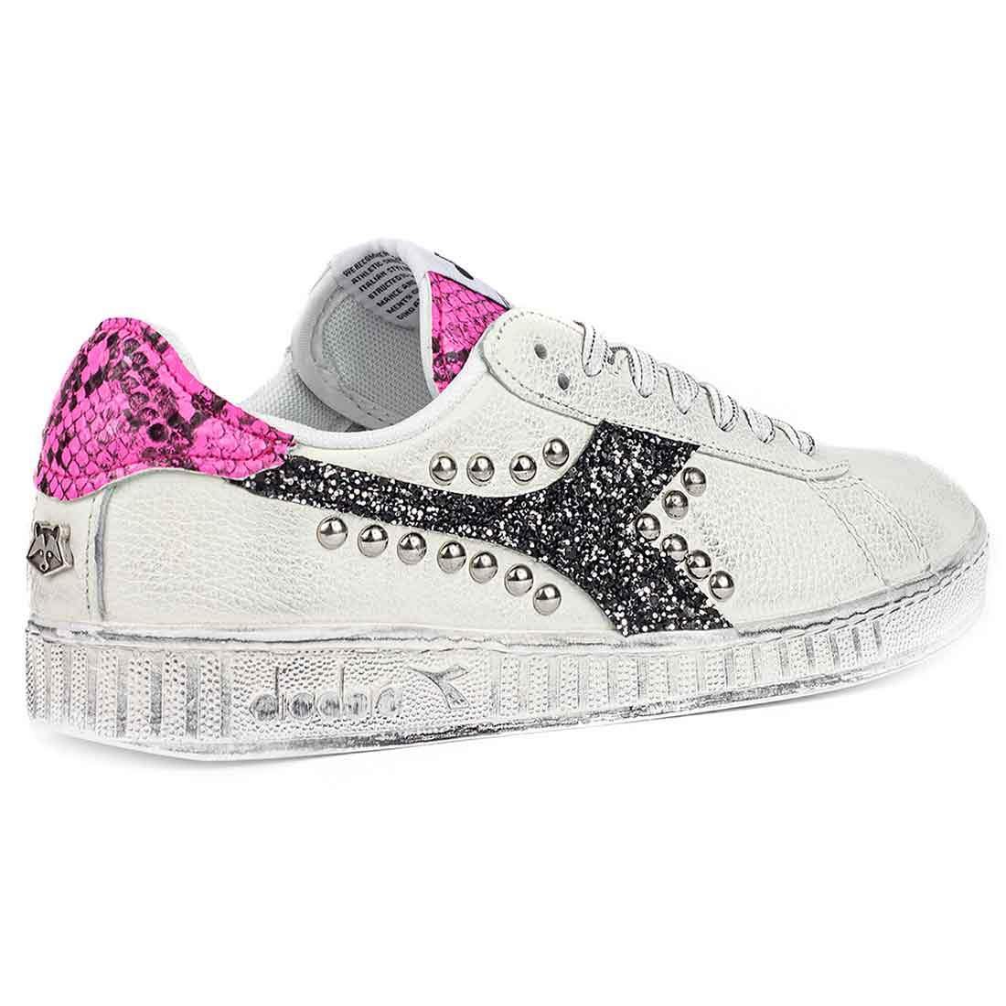 Diadora Game Low Pitonate Rosa Fluo - Glitter Nero con Borchie - Outlet