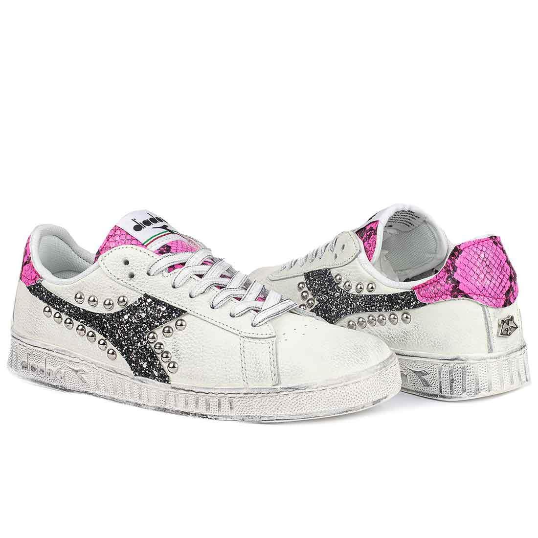 Diadora Game Low Pitonate Rosa Fluo - Glitter Nero con Borchie - Outlet