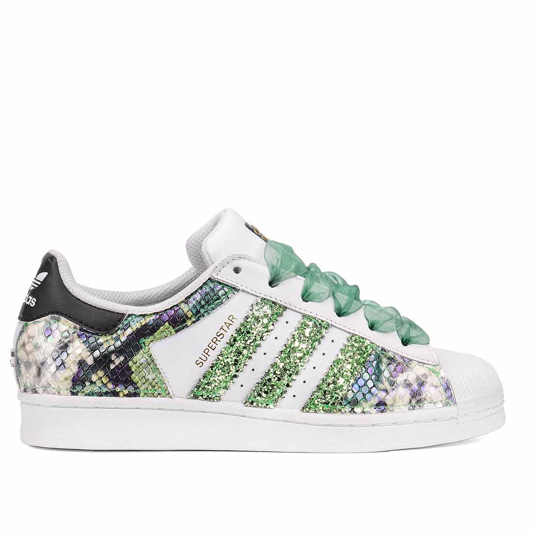 Superstar pitonate verdi con glitter verde e lacci in tulle