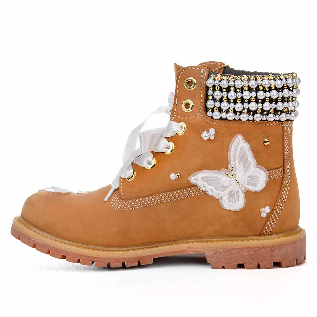 Timberland con farfalle bianche e strass gialli con perle 