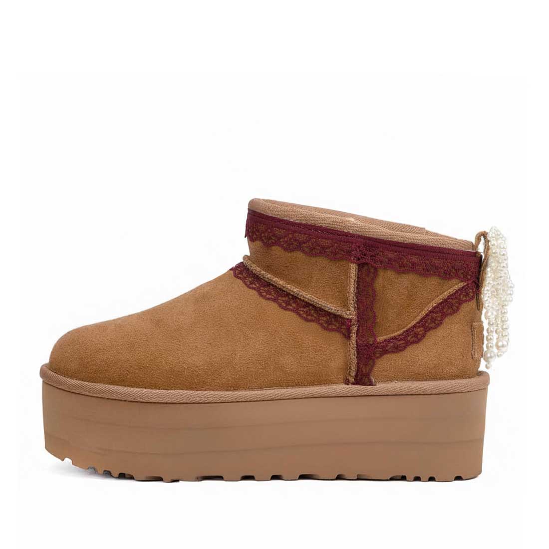 UGG ultra mini platform in pizzo bordeaux e perle