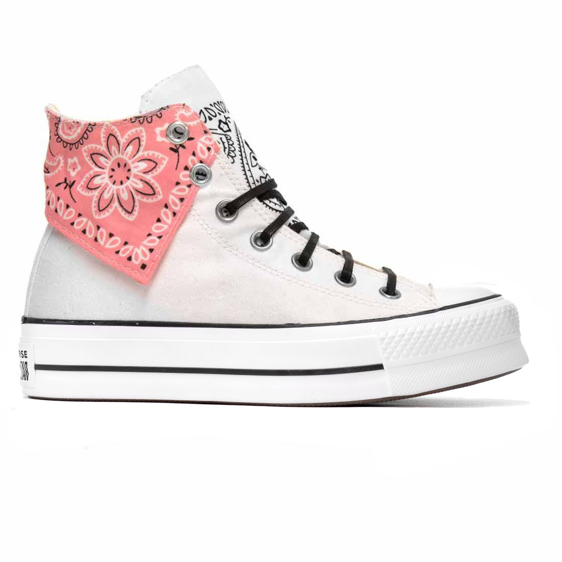 converse all star alte in tela bianche suola alta platform con bandana rosa