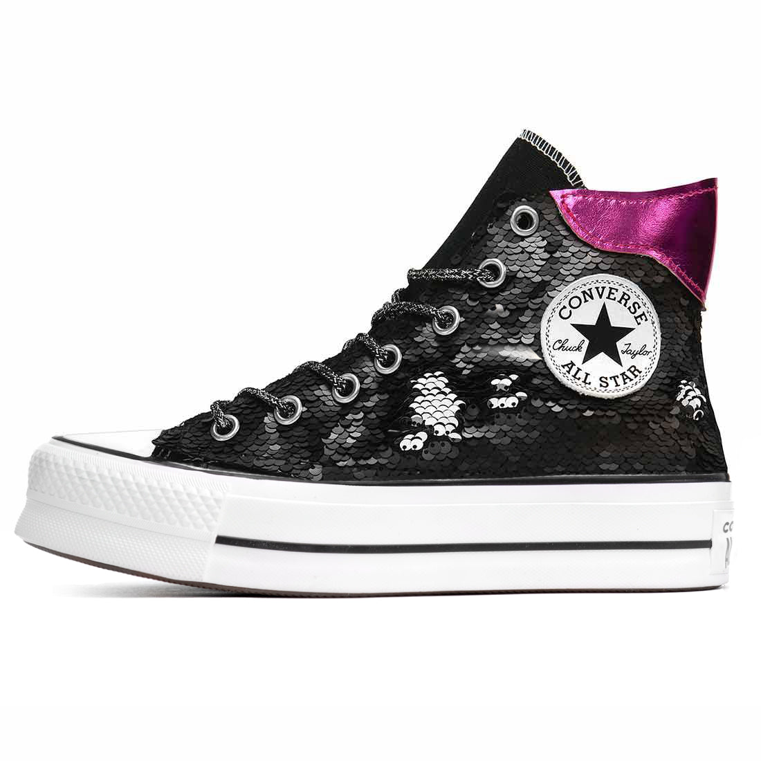 all star alte platform con paillettes nere e fucsia