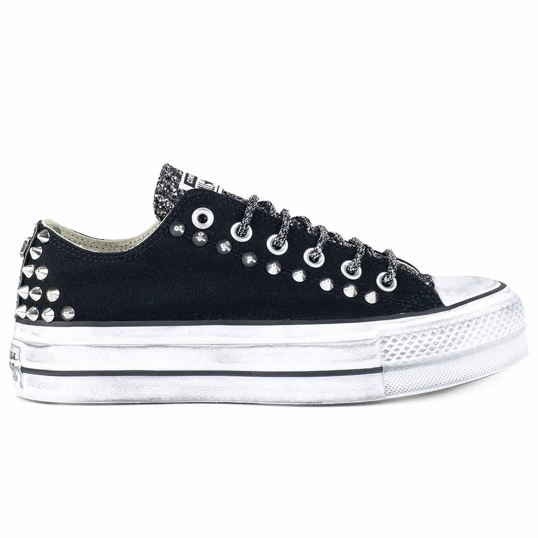 Converse All Star Borchiate con Glitter Nero - Basse suola Platform - Nere - Outlet