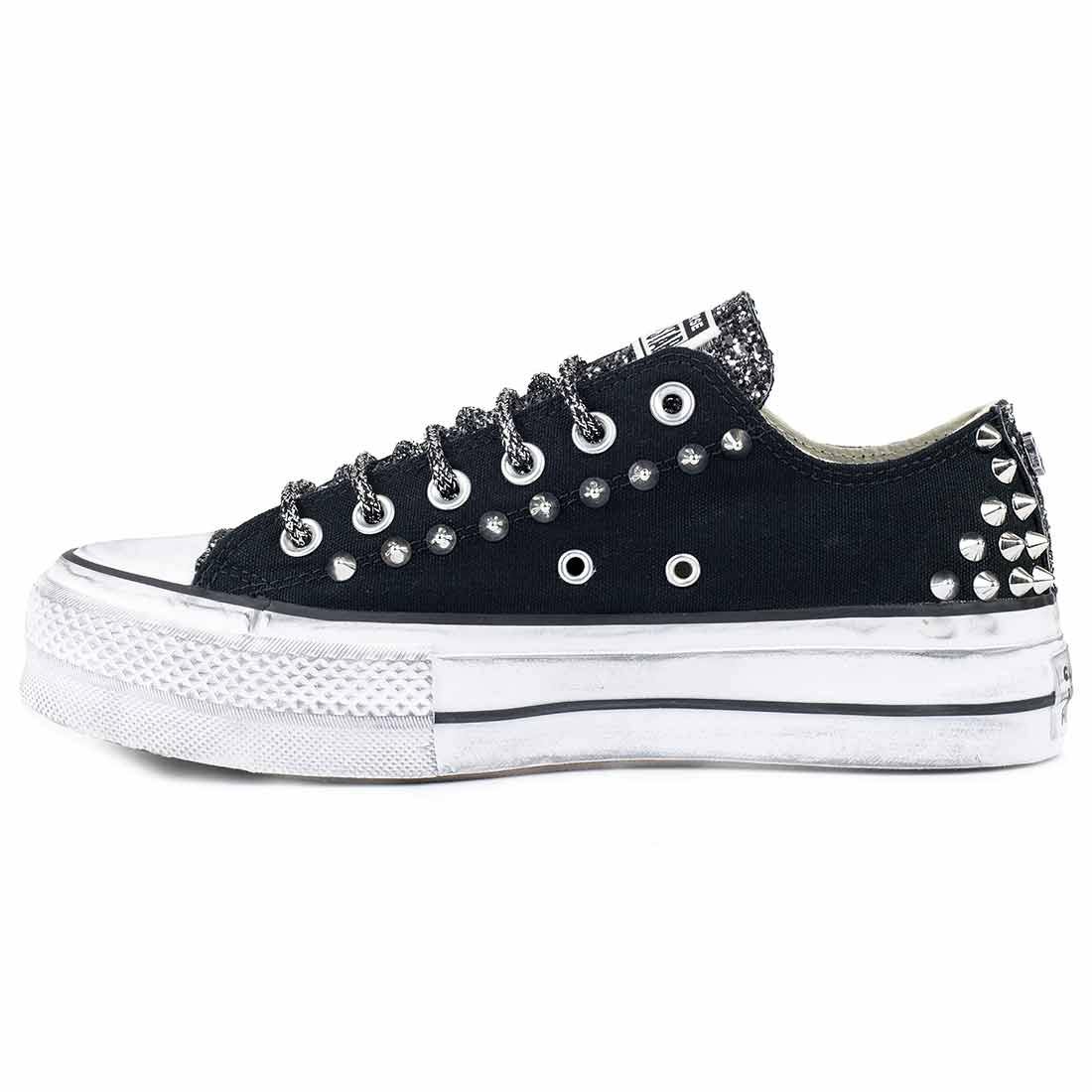 Converse All Star Borchiate con Glitter Nero - Basse suola Platform - Nere - Outlet