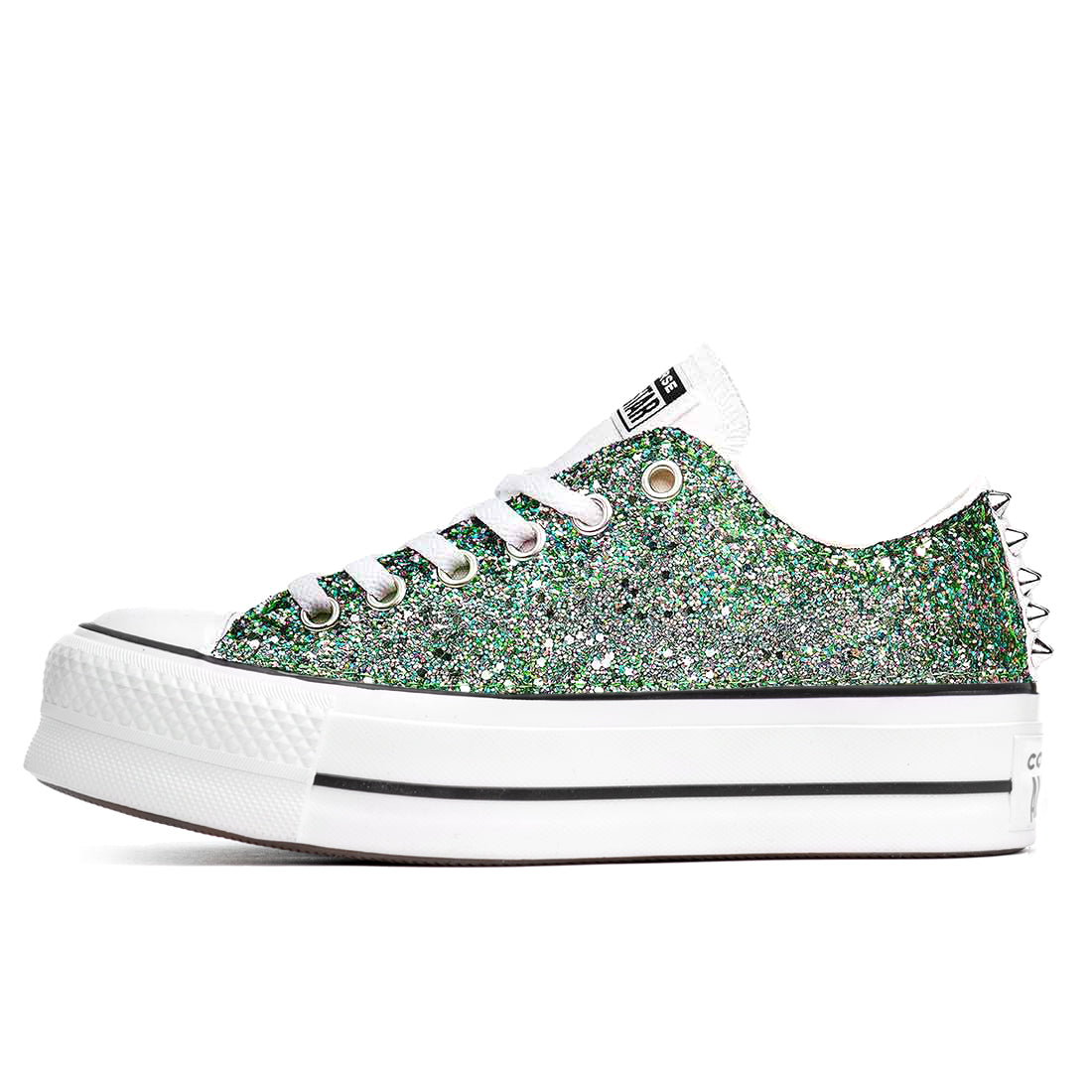 Converse all star rialzate sulla suola brillantinate verde e argento borchie argento sul retro