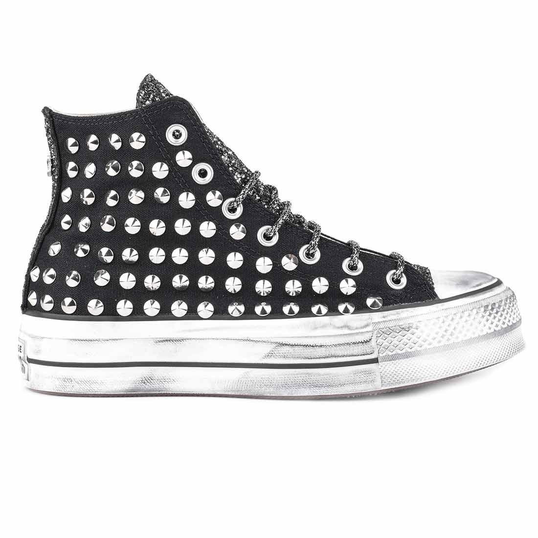 Converse All Star Borchiate con Glitter - Alte suola Platform - Nere - Outlet