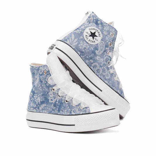 all star platform con tessuto denim con fiori e lacci in tulle bianco 