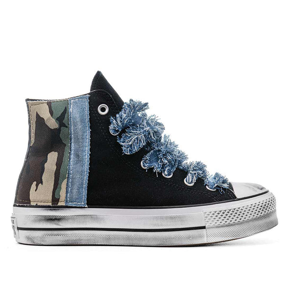 Converse all star nere alte platform con tessuto mimetico e in denim jeans, effetto vintage e lacci in denim