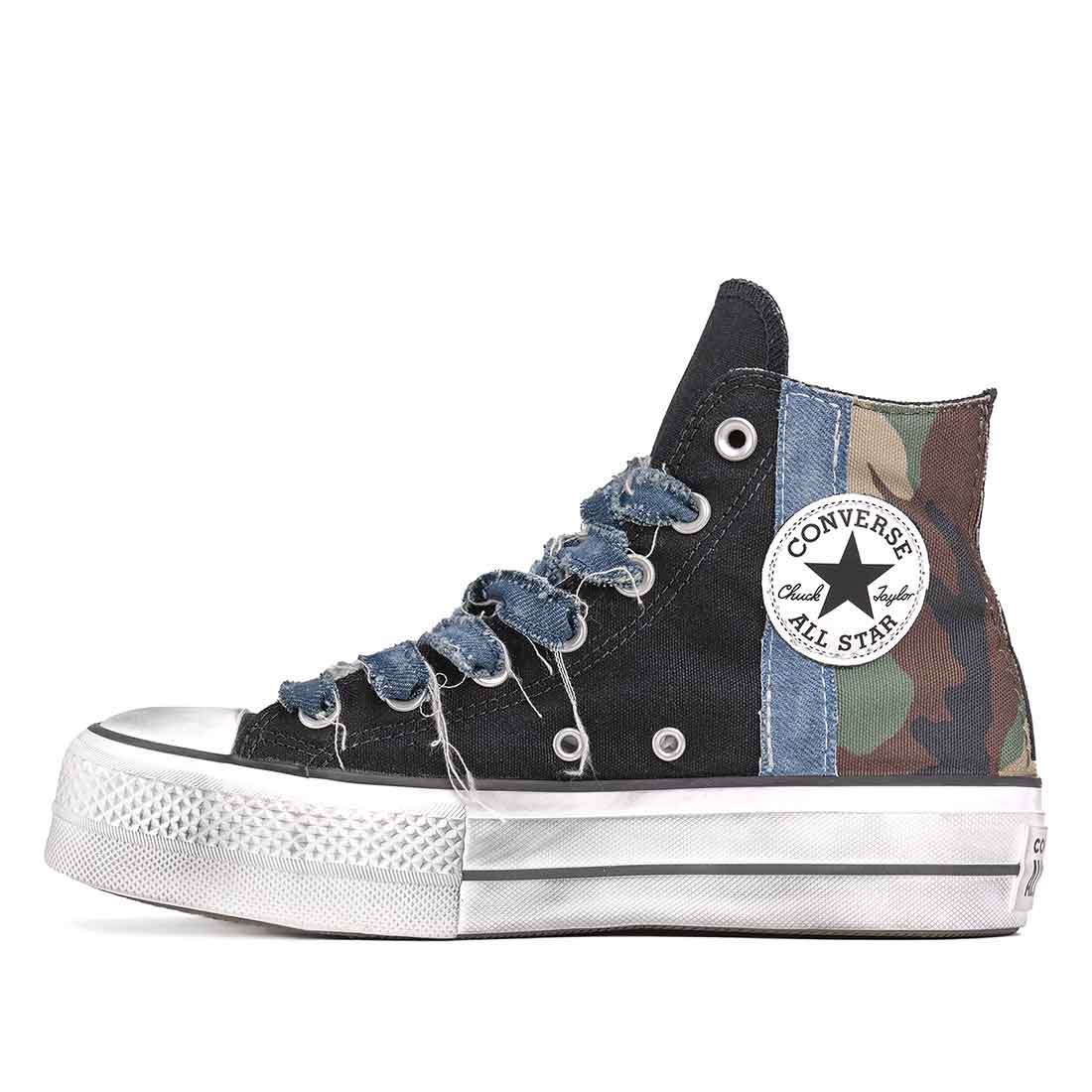 Converse all star platform con tessuto in jeans e camo effetto vintage con lacci in jeans