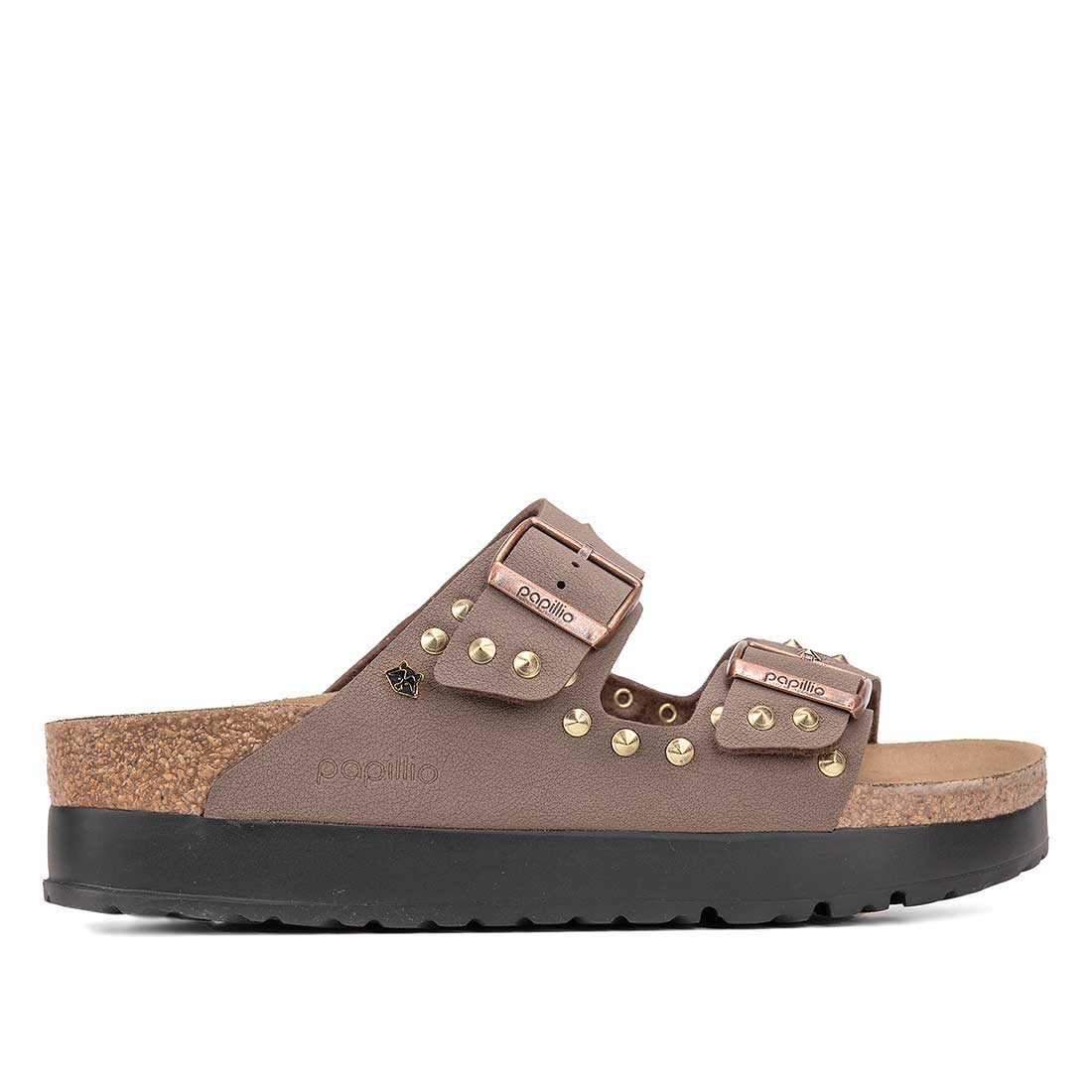 birkenstock marrone platform con piccole borchie dorate inserite a mano