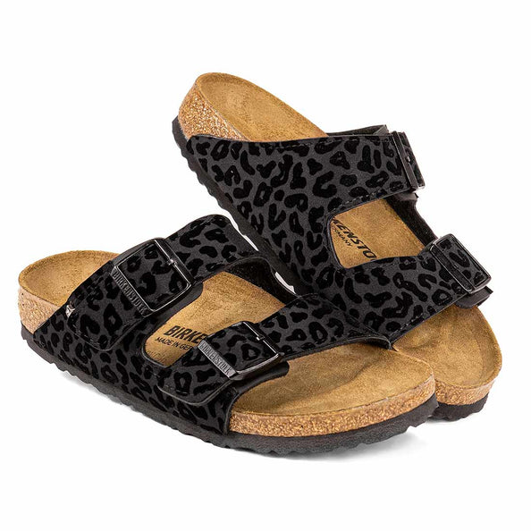 Ciabatta birkenstock in tessuto maculato nero tono su tono personalizzato e cucito a mano