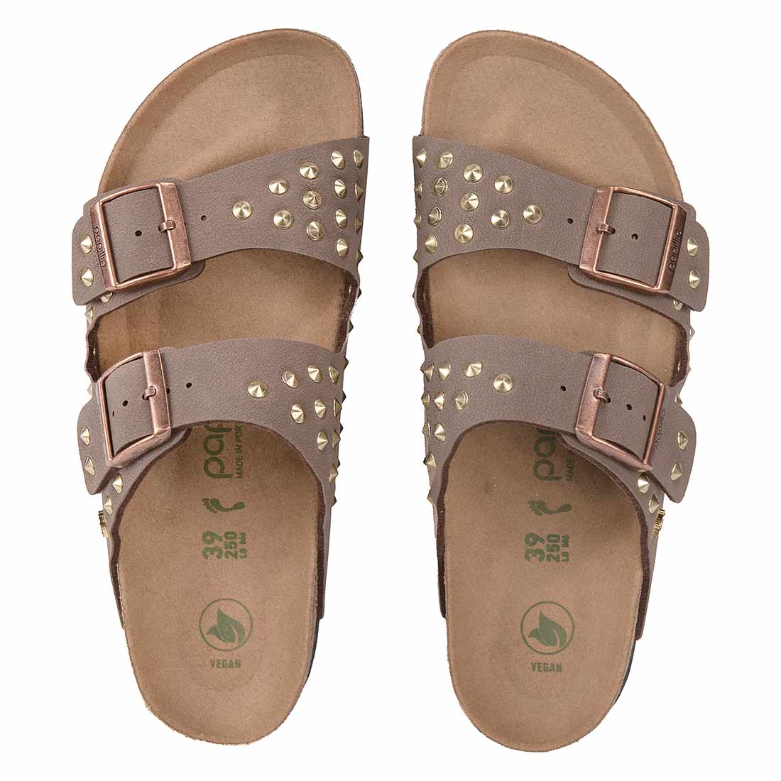 ciabatta birkenstock marrone con borchiette a cono dorate inserite a mano