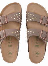 ciabatta birkenstock marrone con borchiette a cono dorate inserite a mano