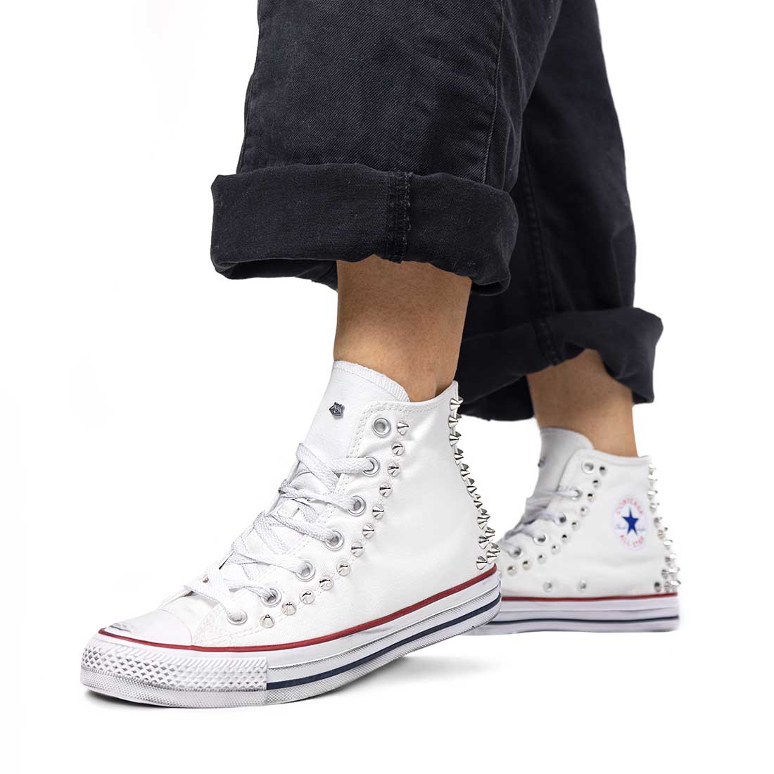 Converse All Star Alte con Borchie Bianche Sped. 24h GRATIS Racoon Lab