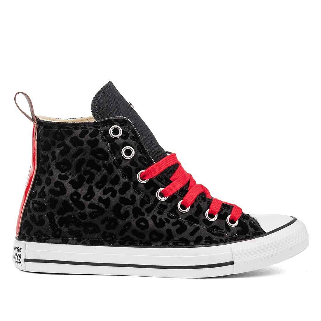 converse all star alte nere leopardate nere e lacci rossi