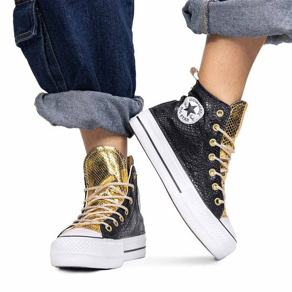 converse all star alte con tessuto cucito a mano pitoccato nero inserti dorati e lacci in lurex