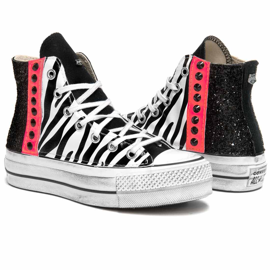 Converse All Star Zebrate Glitter nero e Rosa Fluo - Suola Platform - Outlet