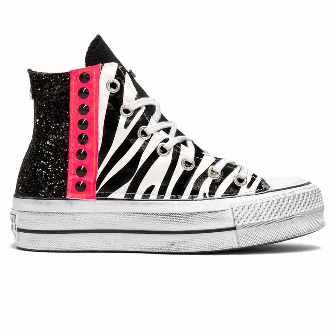 Converse All Star Zebrate Glitter nero e Rosa Fluo - Suola Platform - Outlet