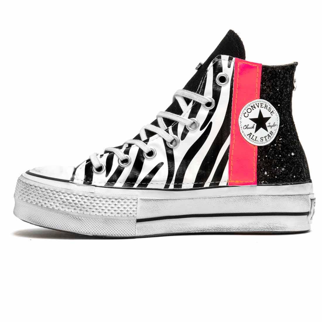 Converse All Star Zebrate Glitter nero e Rosa Fluo - Suola Platform - Outlet