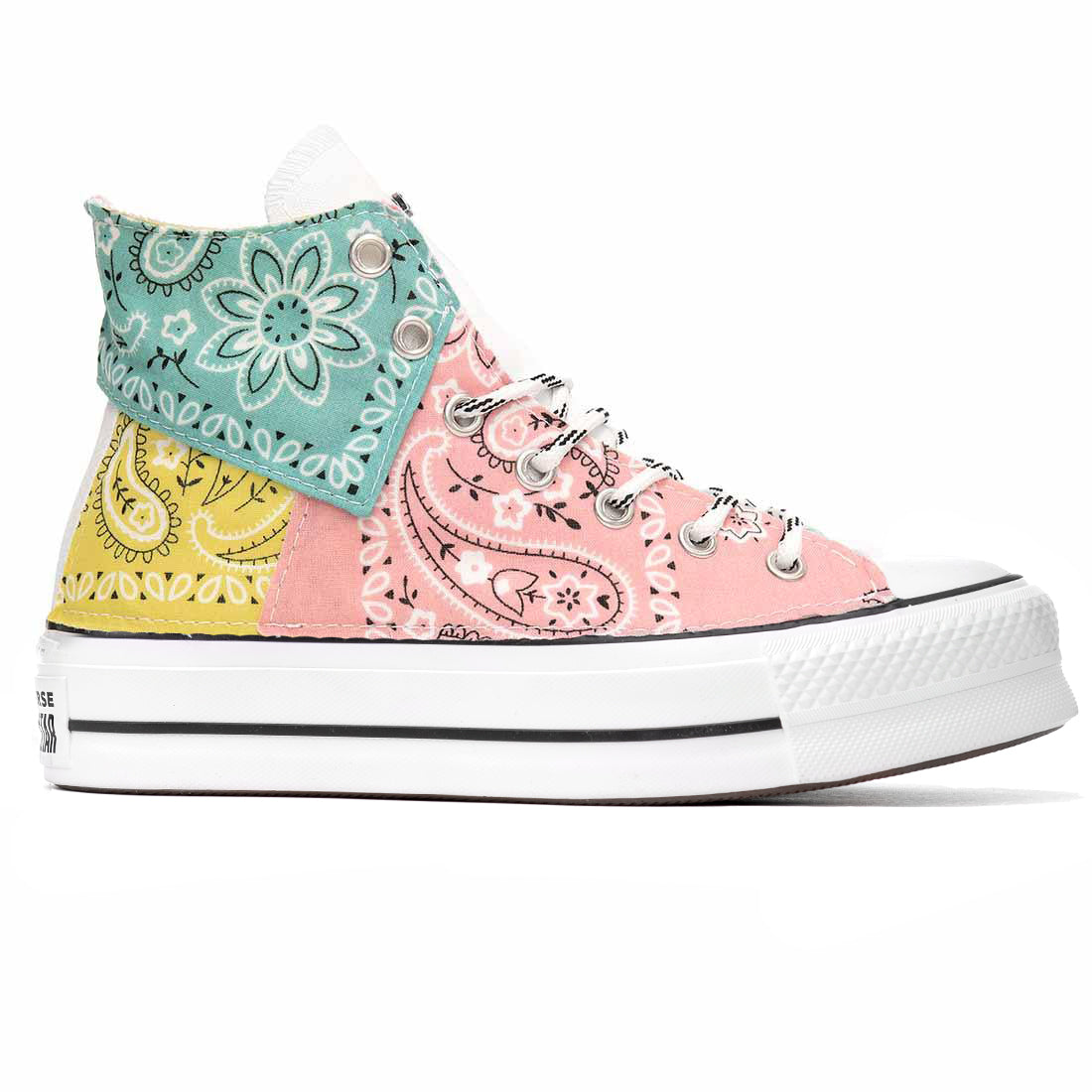 converse all star con bandana rosa giallo e azzurro pastello patchwork