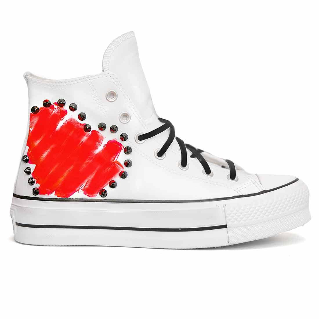 Converse All Star Platform Bianche in Pelle - Cuore Rosso - Outlet