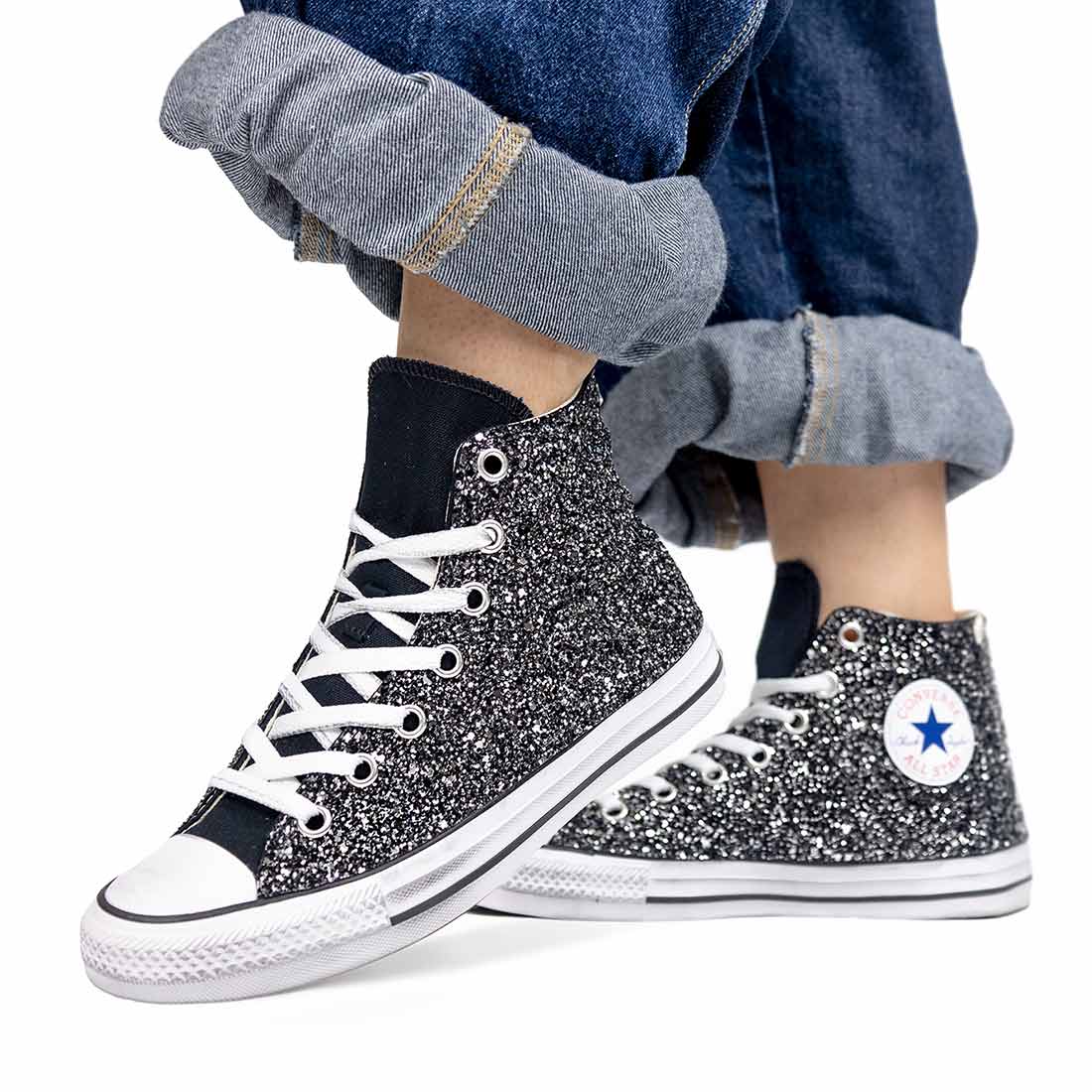 converse all star alte con tessuto glitter nero e argento cucito a mano