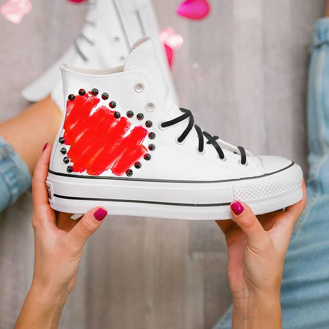 Converse All Star Platform Bianche in Pelle - Cuore Rosso - Outlet