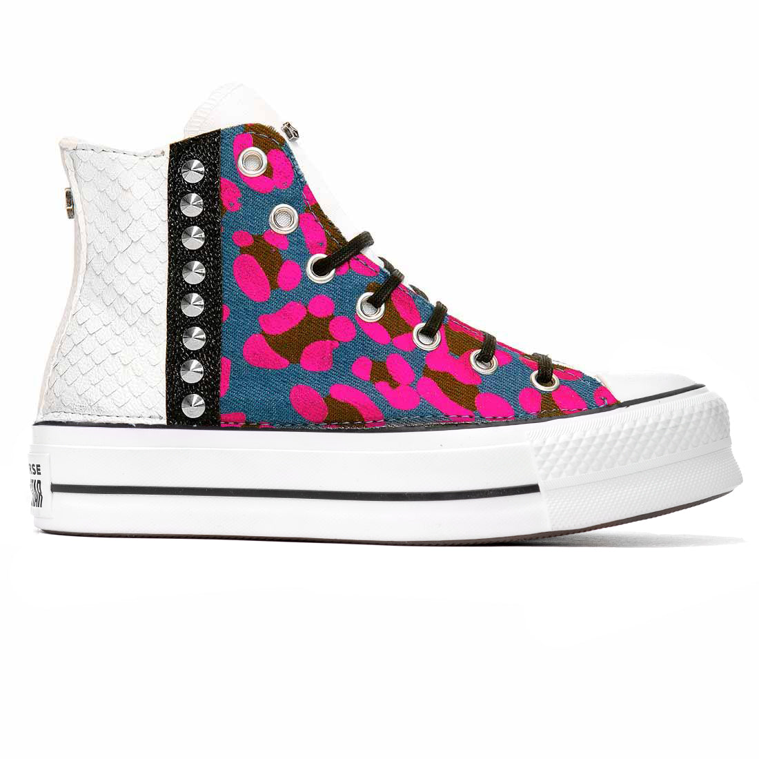 converse all star personalizzate in denim leo con rosa reflective