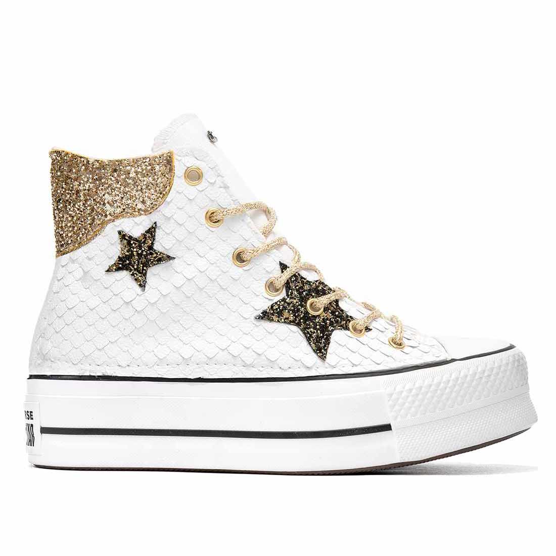 converse all star con pitone bianco oro e stelle