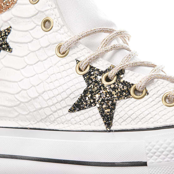 Converse alte bianche con serpente bianco e stelle con brillantini