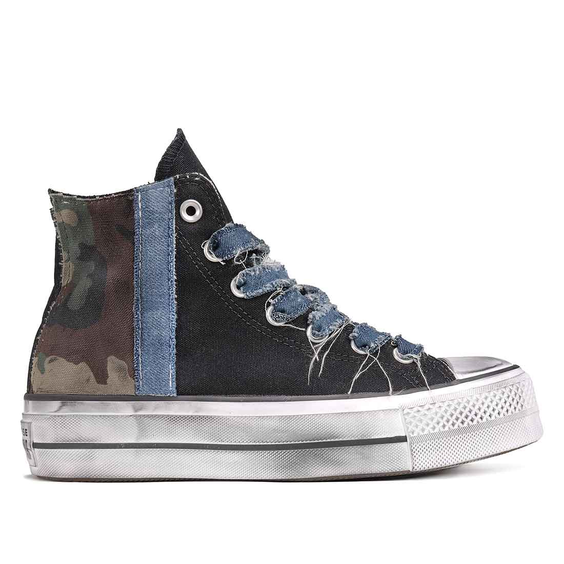 Converse all star nere alte platform con tessuto mimetico e in denim jeans, effetto vintage e lacci in denim