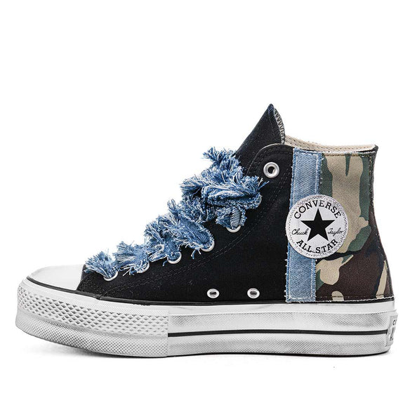 Converse all star platform con tessuto in jeans e camo effetto vintage con lacci in jeans