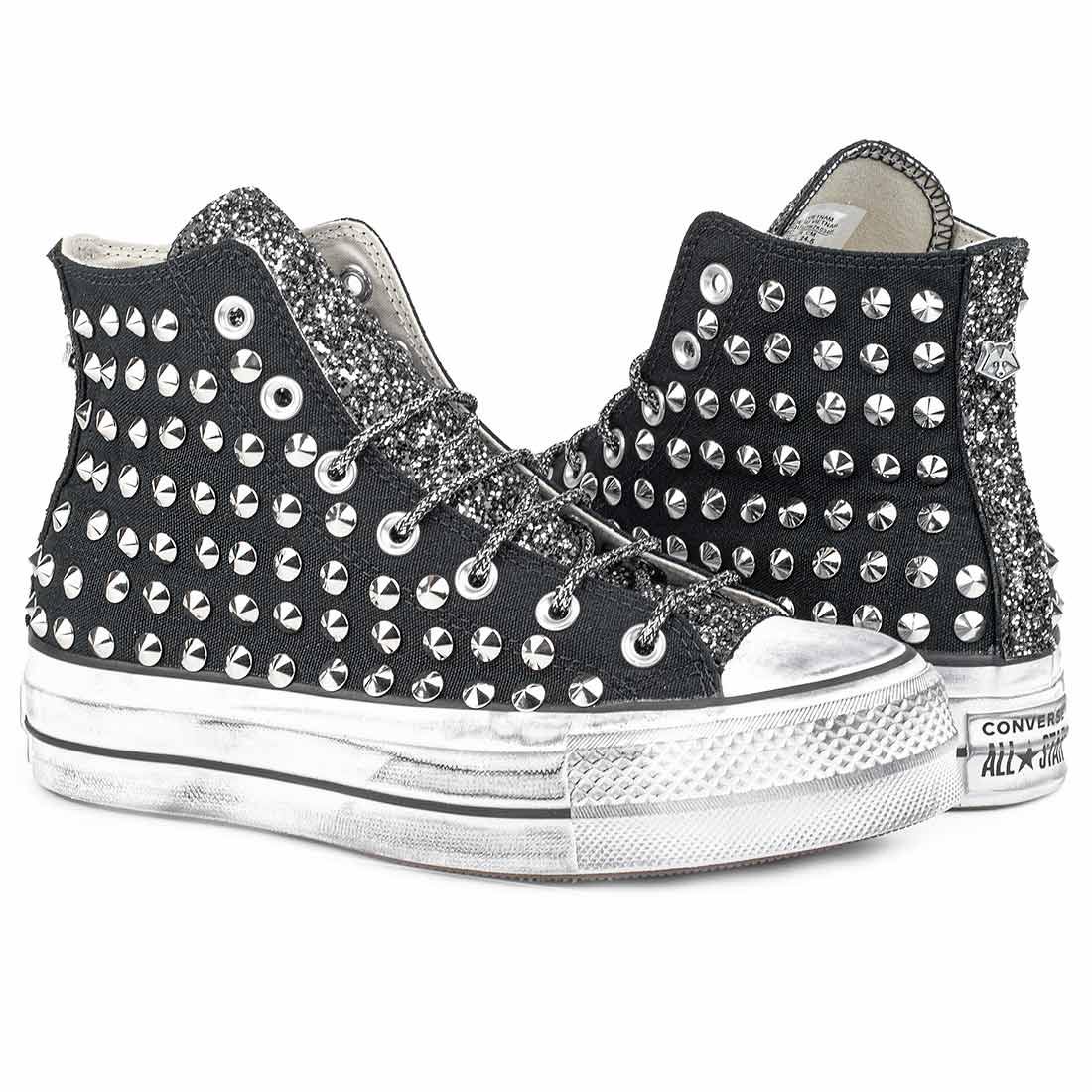 Converse All Star Borchiate con Glitter - Alte suola Platform - Nere - Outlet