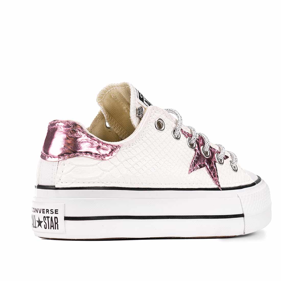 Converse All Star Basse Pitone Bianco e Stella Rosa